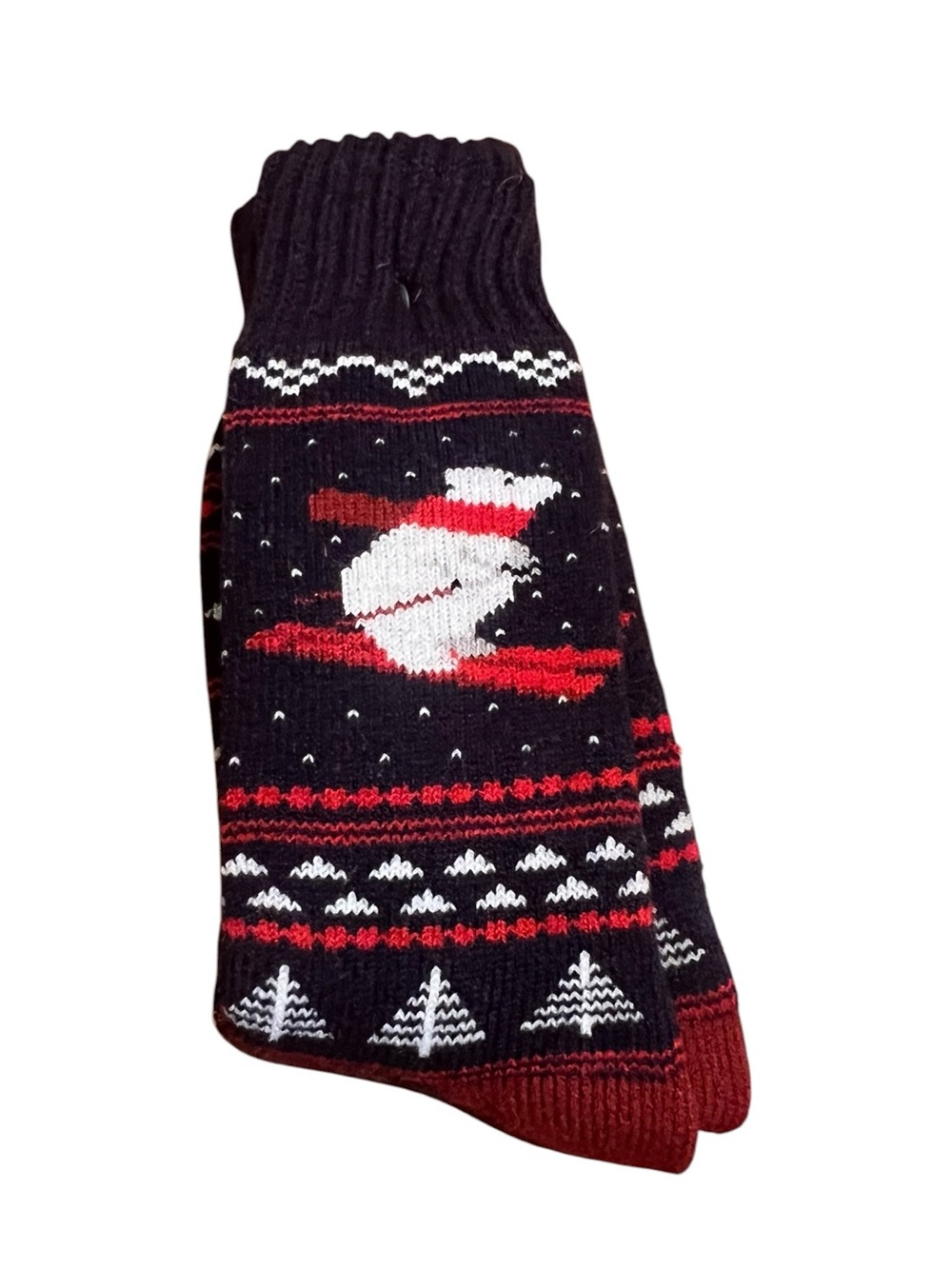 Unisex Christmas Socks Polar Bear Skiing Navy Blue White Red Holiday Crew Socks